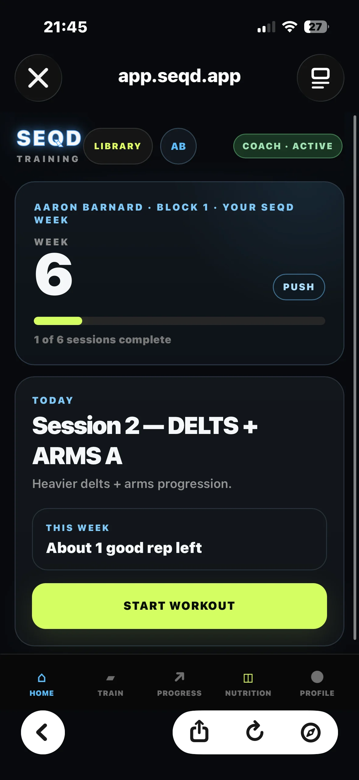 Actual SEQD home screen showing training week 6, one of six sessions complete, and the next delts and arms session