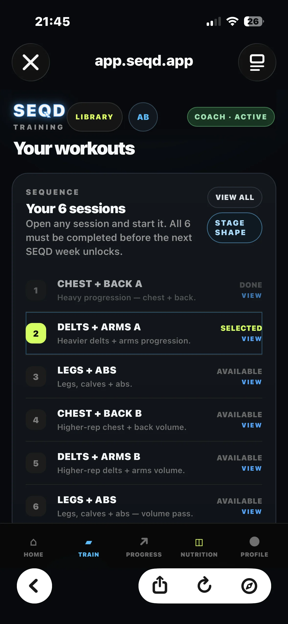 Actual SEQD workouts screen with six sessions, chest and back completed and delts and arms selected